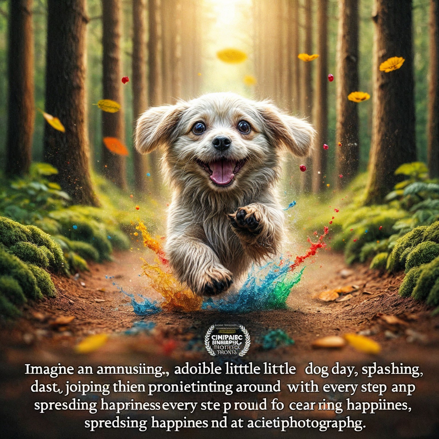 Playful Dog Splashing in a Vibrant Forest Scene