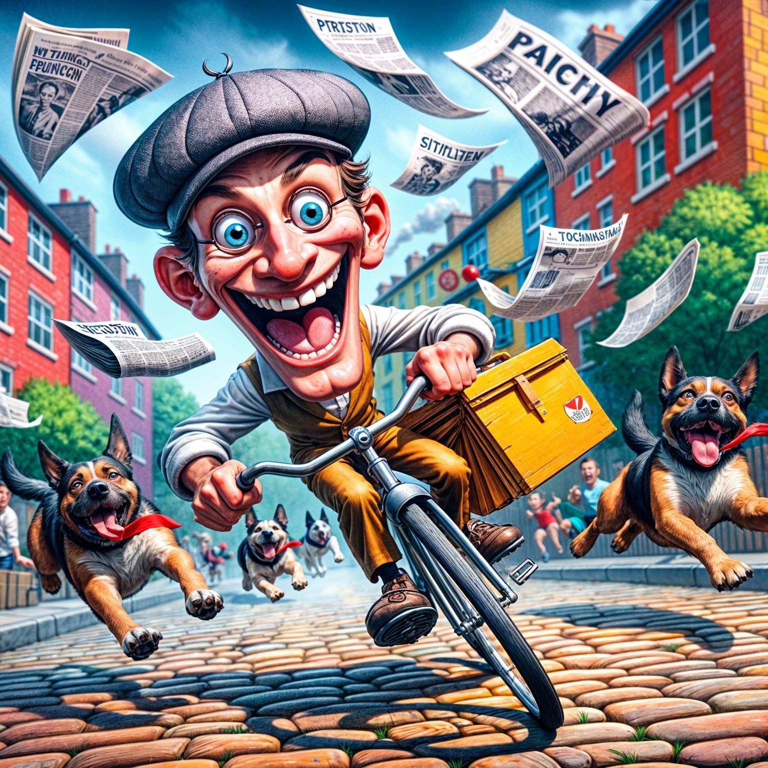 Cheerful newspaper delivery boy riding through a lively street