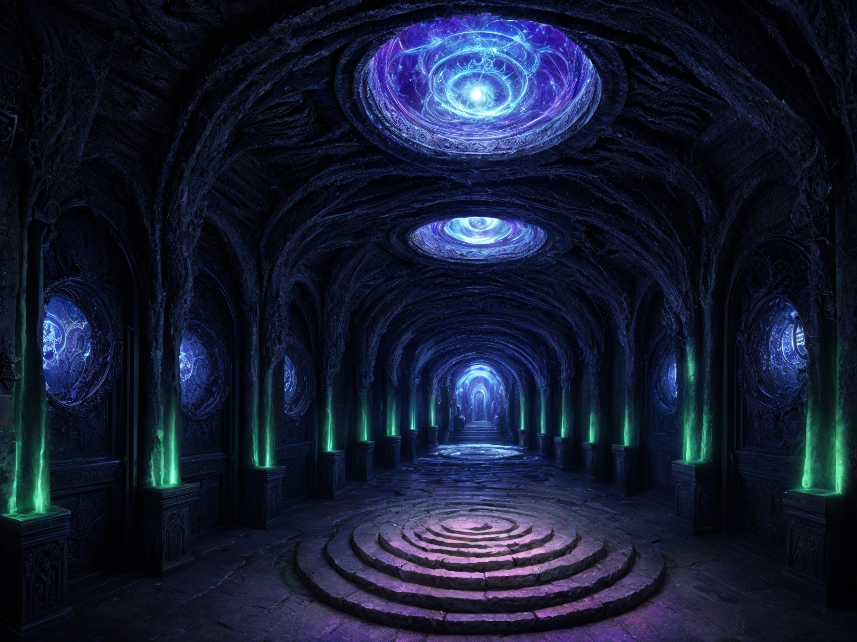 Mystical Corridor with Glowing Motifs and Stone Walls