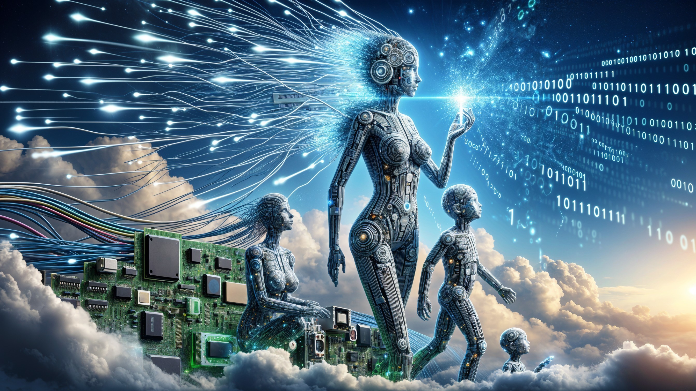 Futuristic Humanoid Robots in a Circuit Board Landscape