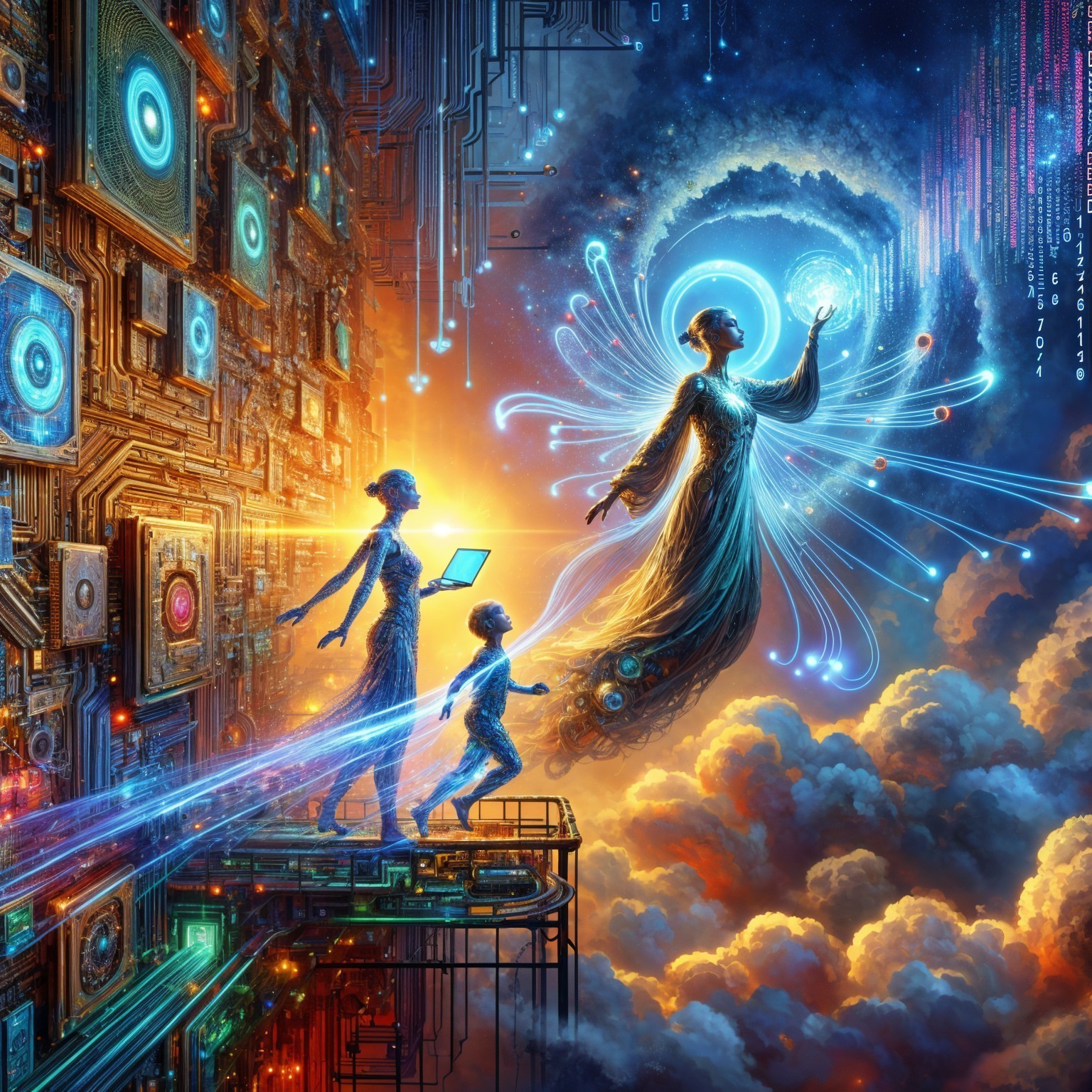 Futuristic Angelic Figure in a Digital Landscape