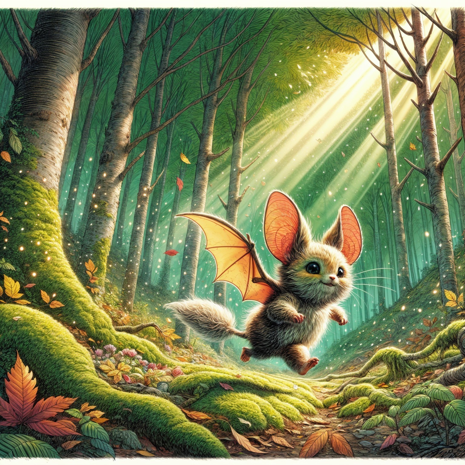 Whimsical Creature in a Sunlit Forest Setting