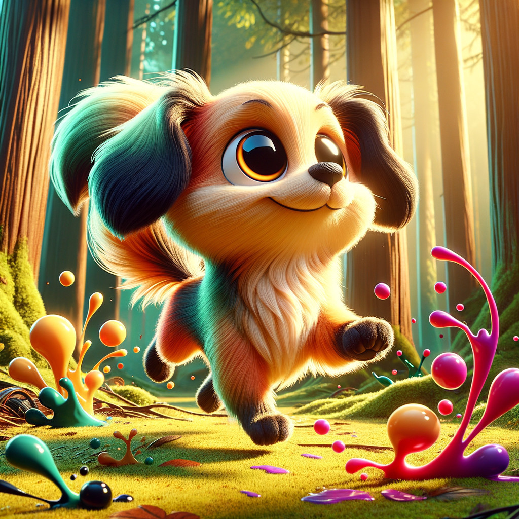 Cheerful Animated Puppy in a Vibrant Forest Scene