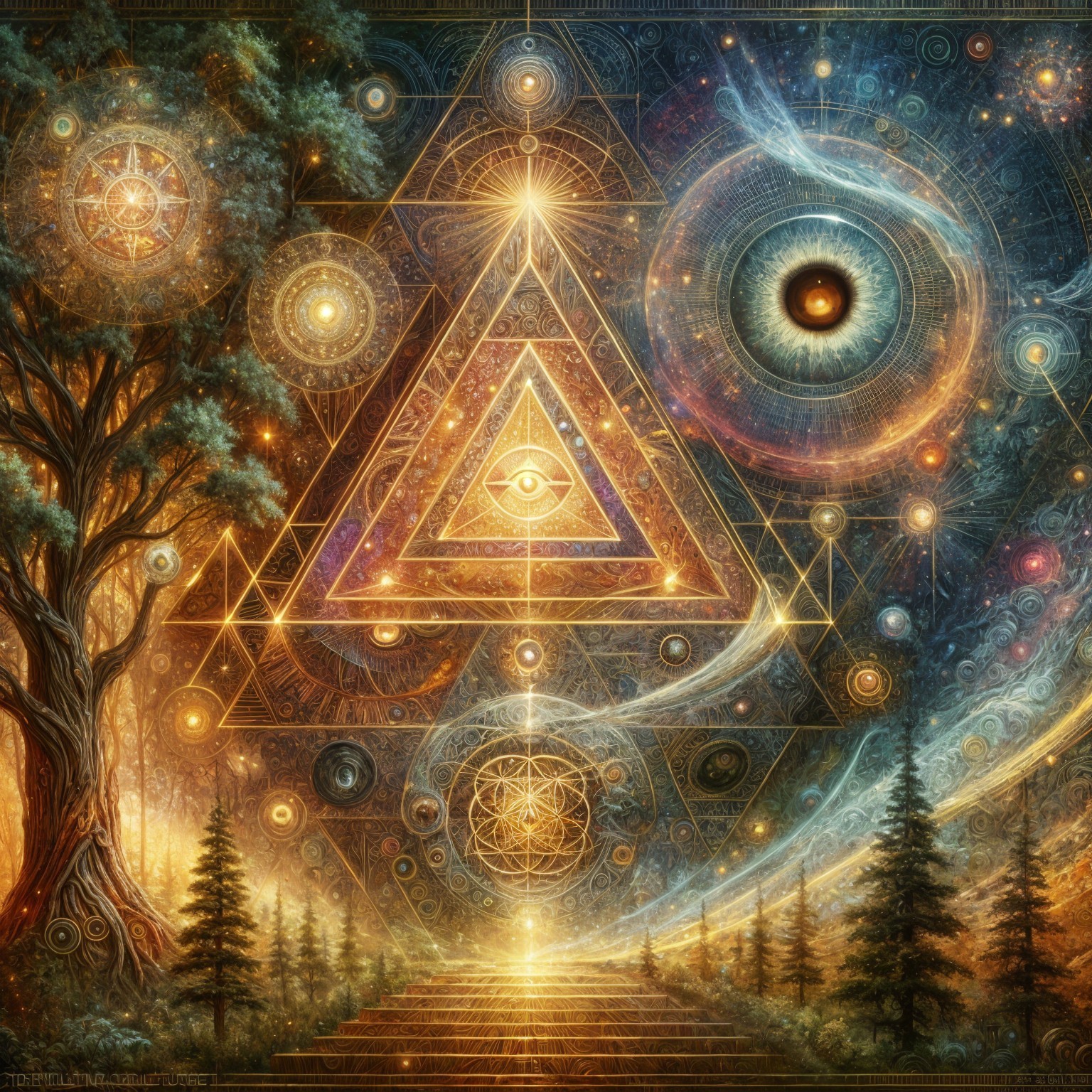 Vibrant Cosmic Landscape with Majestic Tree and Eye