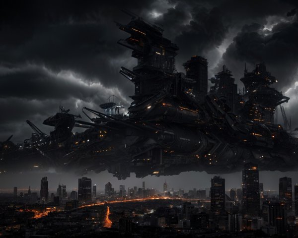 Futuristic Spaceship Over Dark Cityscape at Twilight