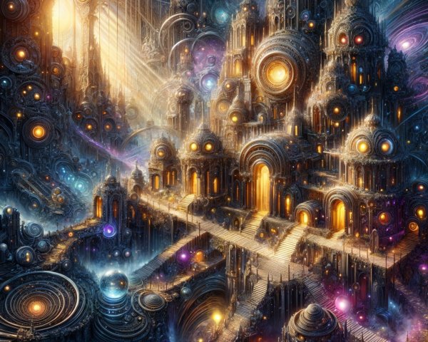 Fantastical city with glowing structures and towers