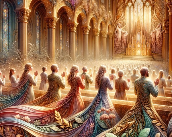 Elegant Figures in Prayer within a Grand Cathedral