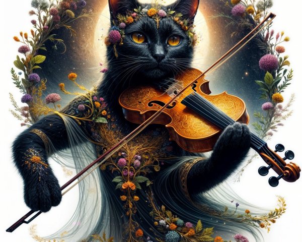 Mystical black cat playing violin among vibrant flora