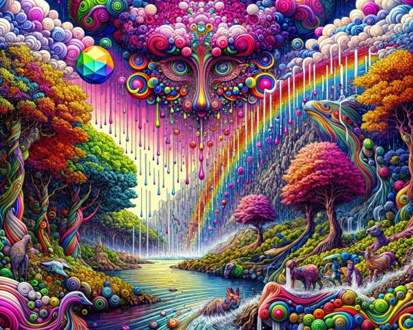 Surreal Landscape with Colorful Patterns and Creatures