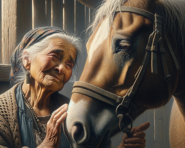 Elderly Woman and Brown Horse in Rustic Stable