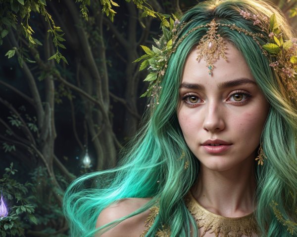Young woman with teal hair in a mystical forest