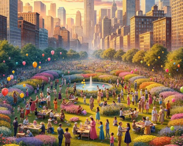 Vibrant City Park Scene with Flowers and Skyscrapers