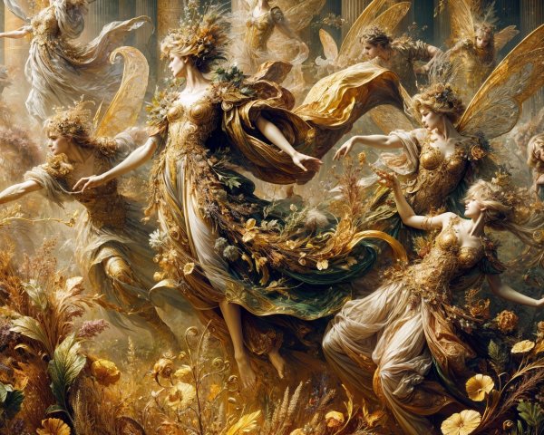 Ethereal Fairies in Golden Attire Amidst Lush Foliage
