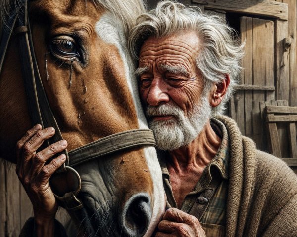 Elderly Man and Horse Share Emotional Connection in Stable