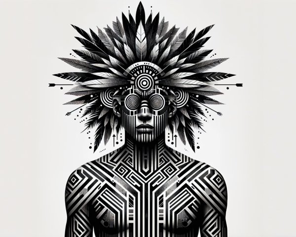 Intricate Black and White Patterned Figure with Headdress