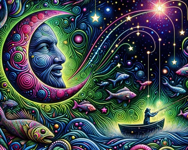 Vibrant Cosmic Scene with Moon and Colorful Fish