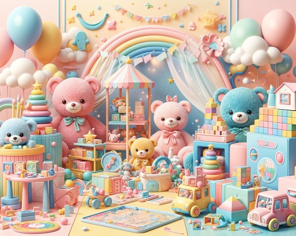 Pastel Teddy Bears in a Colorful Play Area Scene