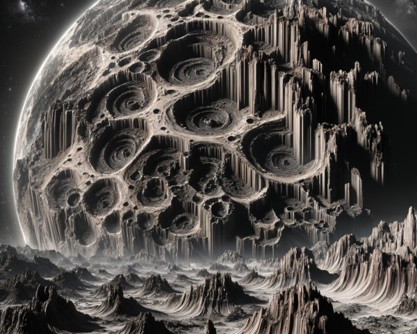 Surreal Alien Landscape with Textured Moon and Mountains