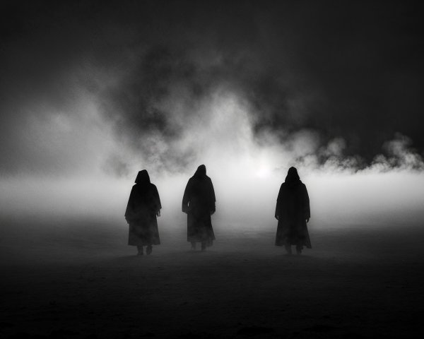 Cloaked Figures in a Foggy Black-and-White Scene