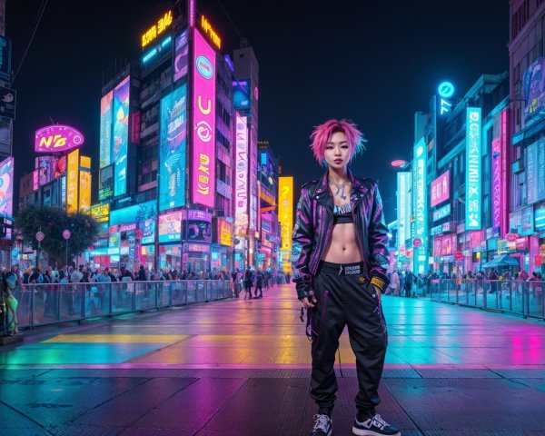 Vibrant Nighttime Urban Scene with Neon Lights