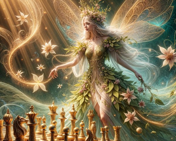 Mystical Fairy with Nature-Inspired Chessboard Scene
