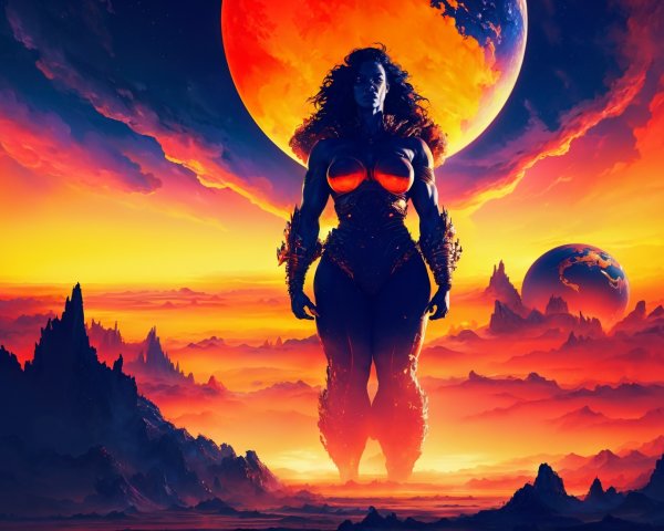 Muscular Female Figure Against Cosmic Backdrop