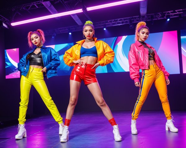 Three Dancers in Vibrant Neon Stage Outfits