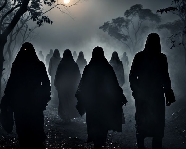 Cloaked Figures in a Misty, Eerie Landscape