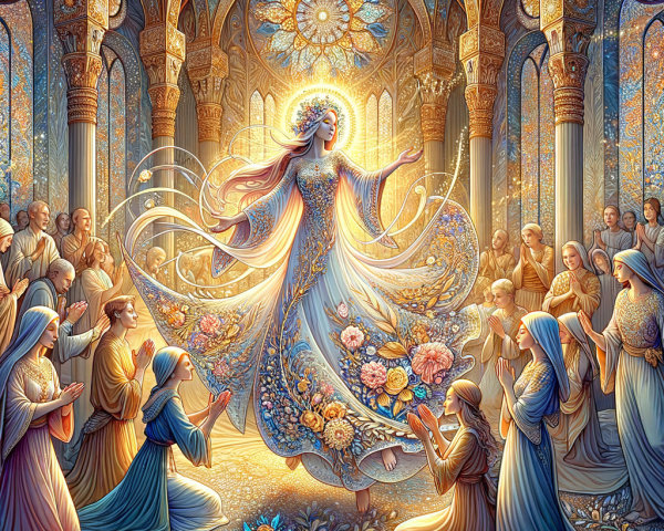 Radiant figure in embroidered gown in ornate sunlit space