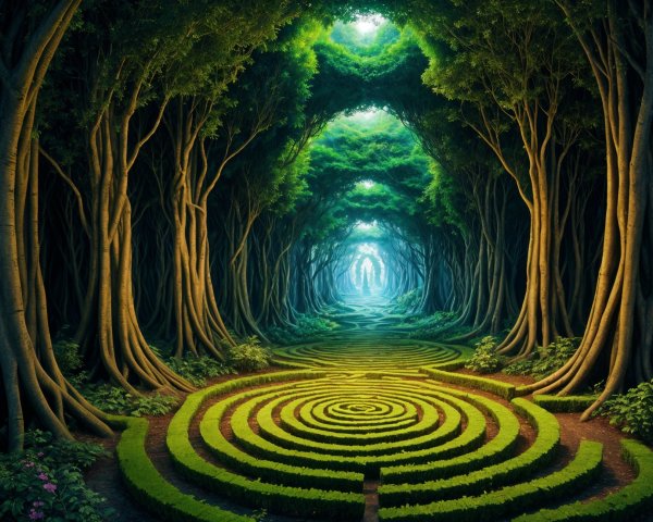 Forest Pathway with Towering Trees and Lush Canopy