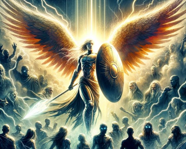 Majestic angel with luminous wings and shadowy figures