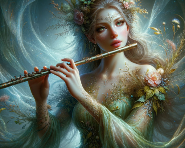 Mystical Woman with Flute Surrounded by Ethereal Light
