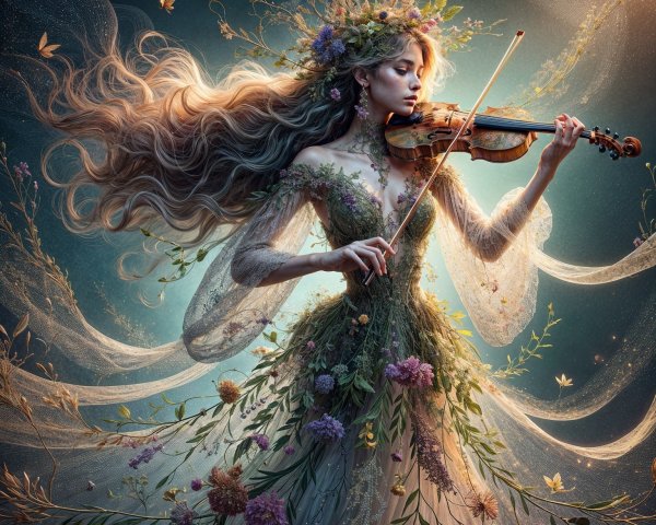 Ethereal Violinist in Floral Gown Amid Nature