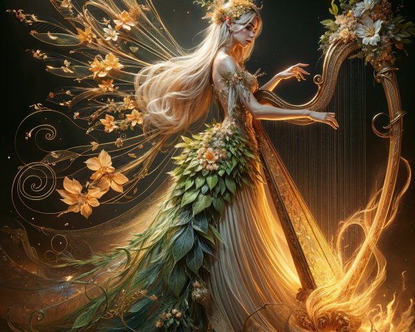 Mystical Figure in Leafy Gown Playing Harp