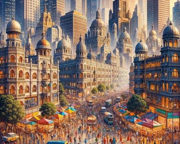 Vibrant Urban Marketplace with Historical Architecture