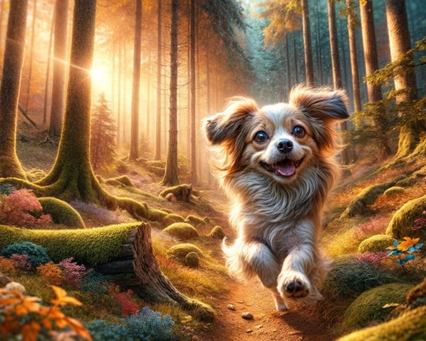 Playful Dog in Sunlit Forest with Wildflowers