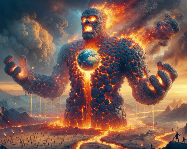 Colossal Fiery Figure in Dramatic Landscape Scene
