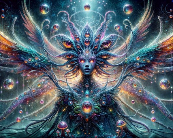 Mesmerizing Multi-Eyed Figure with Vibrant Wings