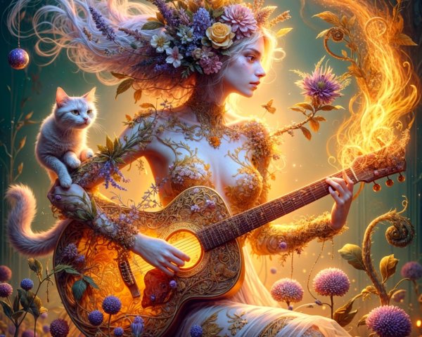Serene figure with guitar in floral, glowing setting