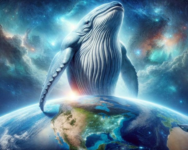 Colossal Whale Against Cosmic Background and Earth