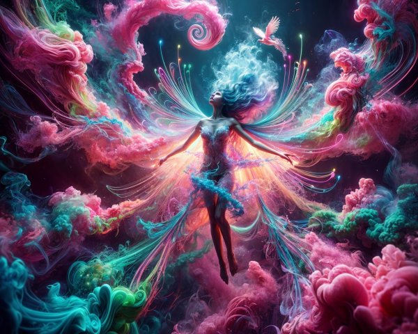 Ethereal Woman Amidst Colorful Clouds and Smoke