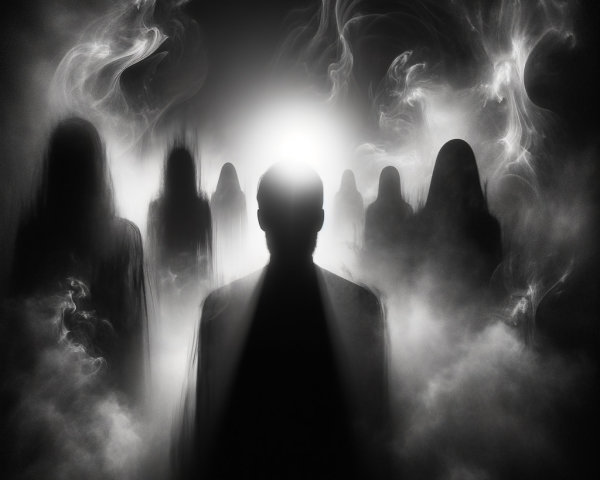 Surreal Smoky Landscape with Solitary Figure and Shadows