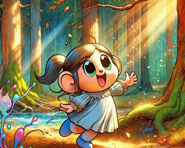 Joyful Cartoon Girl in Colorful Autumn Forest