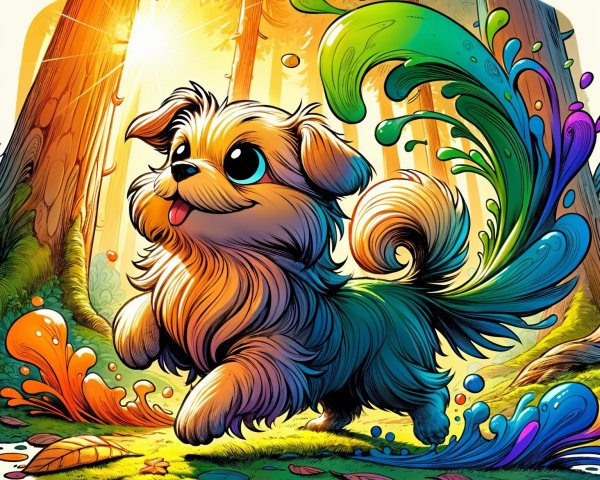 Vibrant Cartoon Illustration of a Playful Dog in Forest