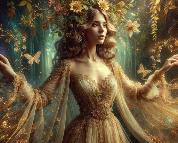 Mystical Figure in Enchanted Forest with Butterflies