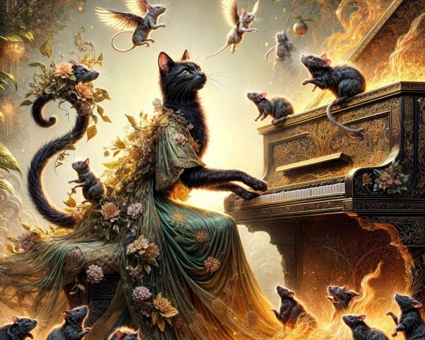 Majestic Black Cat Playing Piano Surrounded by Dancing Mice