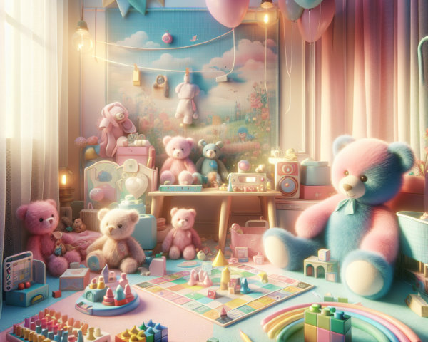 Whimsical Playroom with Pastel Teddy Bears and Toys