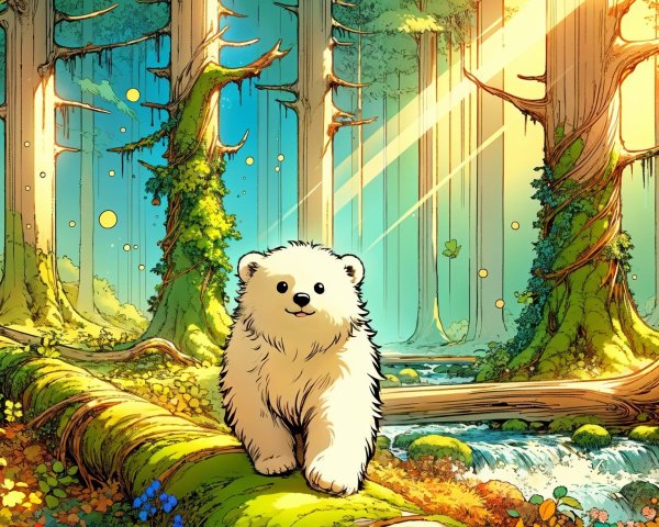 Fluffy Polar Bear Cub in a Vibrant Forest Setting