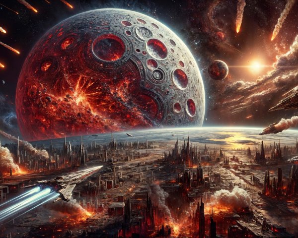 Cosmic Scene with Planet and Futuristic City Chaos
