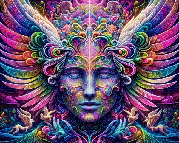 Colorful Face with Patterns and Ethereal Wings